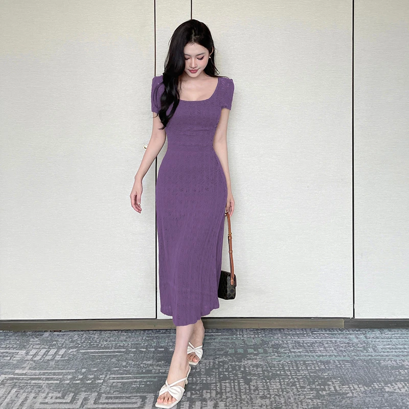 夏季新品紫色气质收腰连衣裙修身短袖时尚百搭显身材法式长裙
