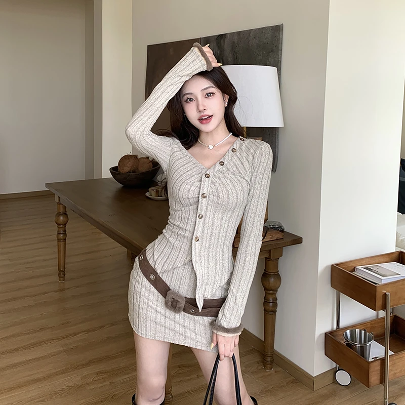 春季新款时尚修身套装裙毛边上衣半身裙气质高级小香风显瘦两件套