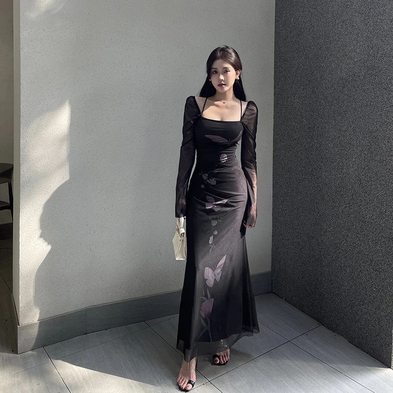 秋季气质蝴蝶印花网纱连衣裙黑色复古长袖高腰褶皱包臀法式长裙