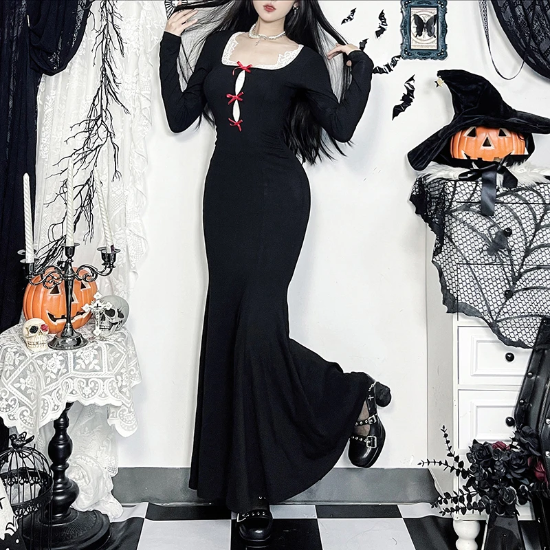 万圣节黑色纯欲收腰包臀长裙气质显瘦长裙性感复古长袖修身裙子