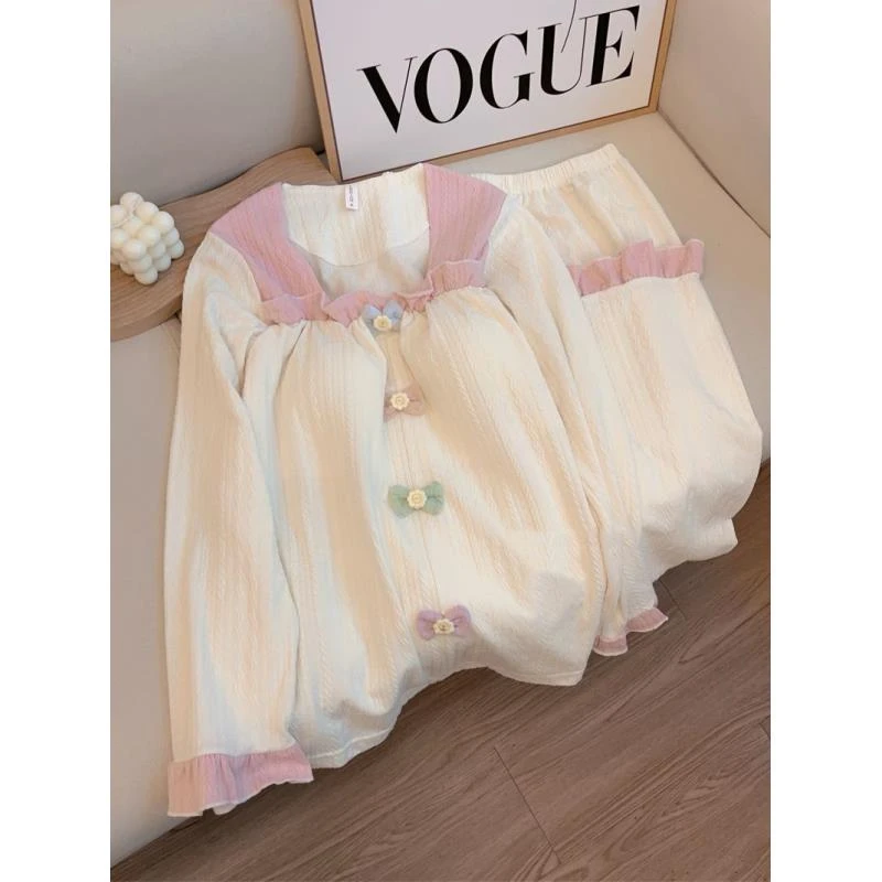 日系带胸垫纯棉睡衣女套装春秋季洋气时尚宽松韩版甜美学生家居服