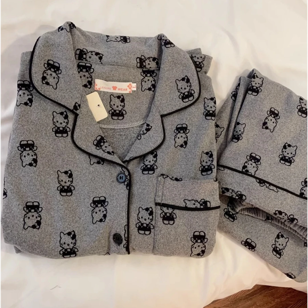 韩版kt猫保暖德绒睡衣女套装秋冬季套装长袖宽松春秋季翻领家居服