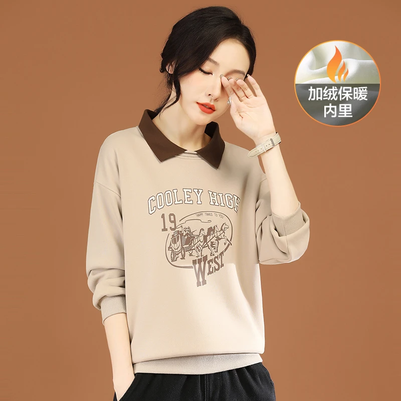 【木木】文艺polo领印花加绒卫衣女2023冬宽松显瘦上衣厚D0408