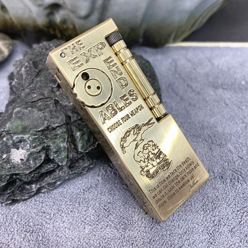 纯黄铜鱼肠机手工机双仓待机王手动滑轮侧点火万宝路窄机把玩火机