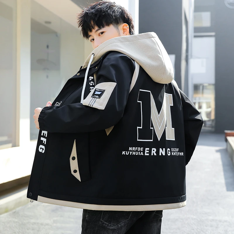 假两件外套男2025新款春秋冬季青少年潮牌冲锋衣初中高中学生夹克