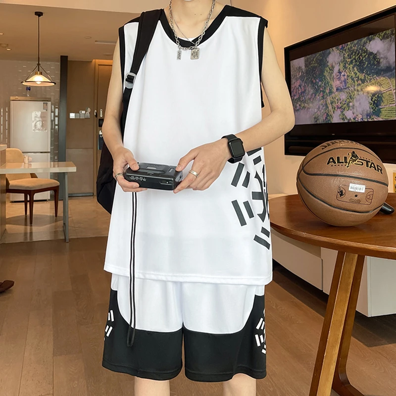 篮球运动服套装男夏季冰丝宽松无袖t恤男装青少年背心短裤一整套