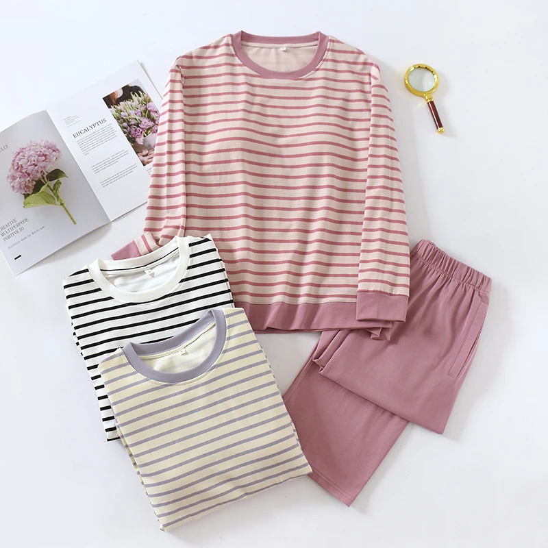 2024秋冬新款带胸垫长袖睡衣女条纹纯棉圆领套头家居服套装可外穿