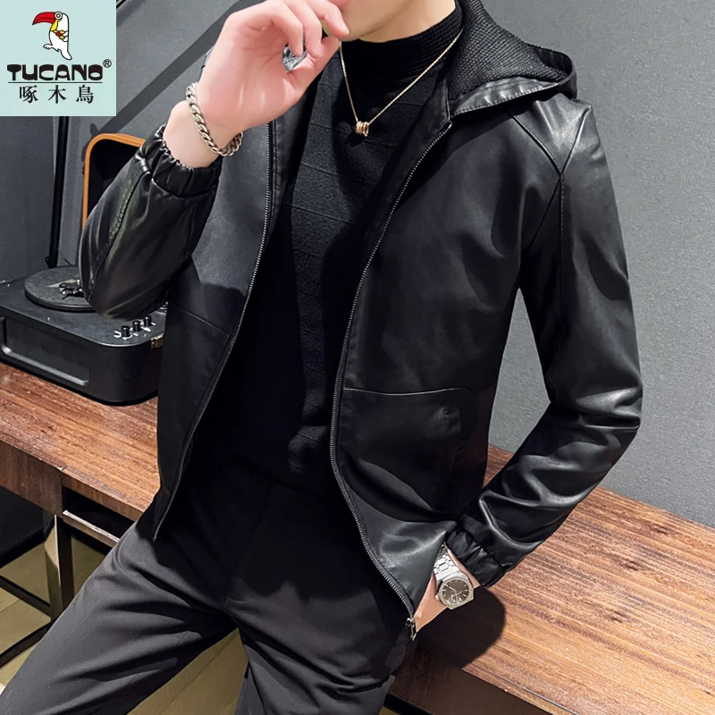 TUCANO/啄木鳥春秋新款男士韩版修身连帽皮衣休闲外套皮夹机车服