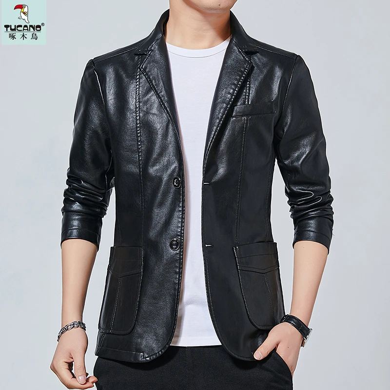 TUCANO/啄木鳥春秋男士皮西装皮夹克男中青年休闲修身皮西服外套