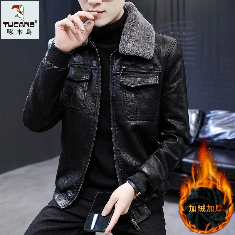 TUCANO/啄木鳥加绒皮衣男士机车款冬季新款皮夹克加厚保暖外套潮