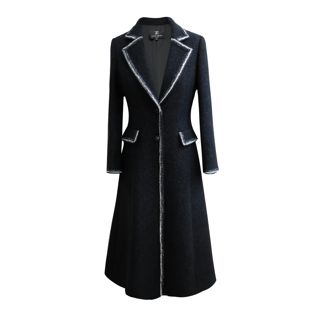 镶边星闪—复古A摆长款大衣—奢华气质翻领中长款外套   2106009