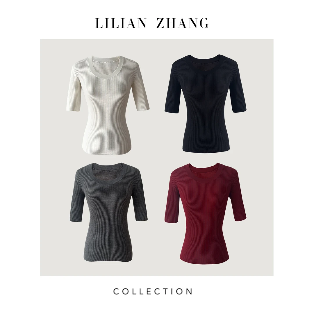 LILIAN ZHANG 定制—U型圆领中袖羊毛套衫坑条修身超显瘦2408002