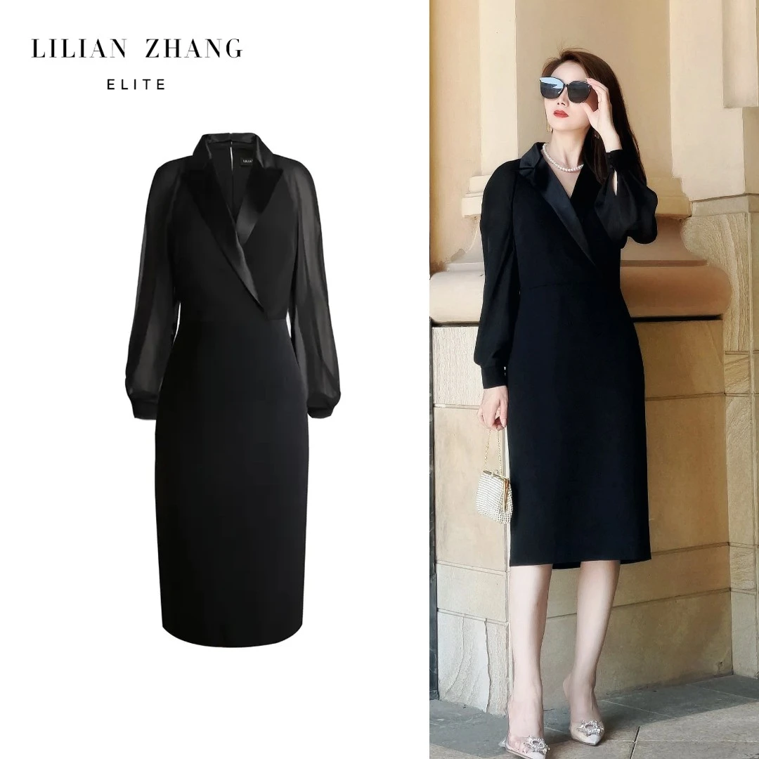 轻奢、格调派对—插肩纱袖小黑裙 - 优雅气质显瘦连衣裙  2301031