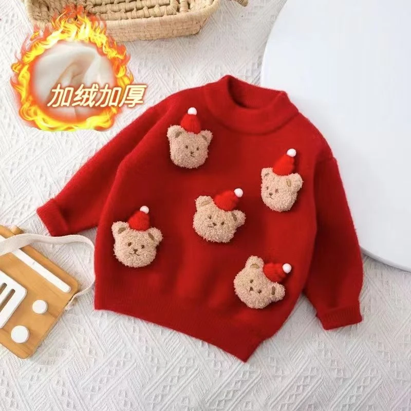 【小熊毛衣】儿童毛衣秋冬新款针织衫圆领加厚打底红色新年百搭