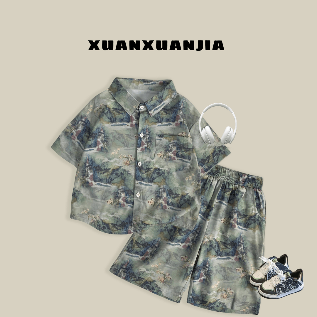 Q2148 童装男童国风雪纺套装2024夏季儿童短袖洋气两件套宝宝衣服