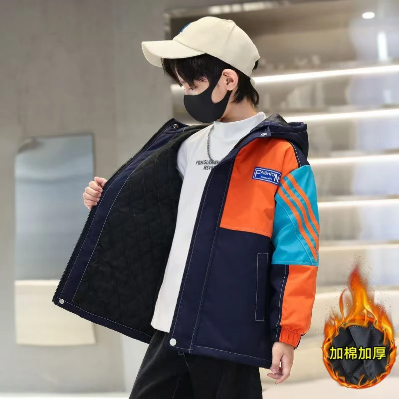 501777童装男童棉服2024冬款儿童夹棉加厚连帽棉衣宝宝潮酷厚外套