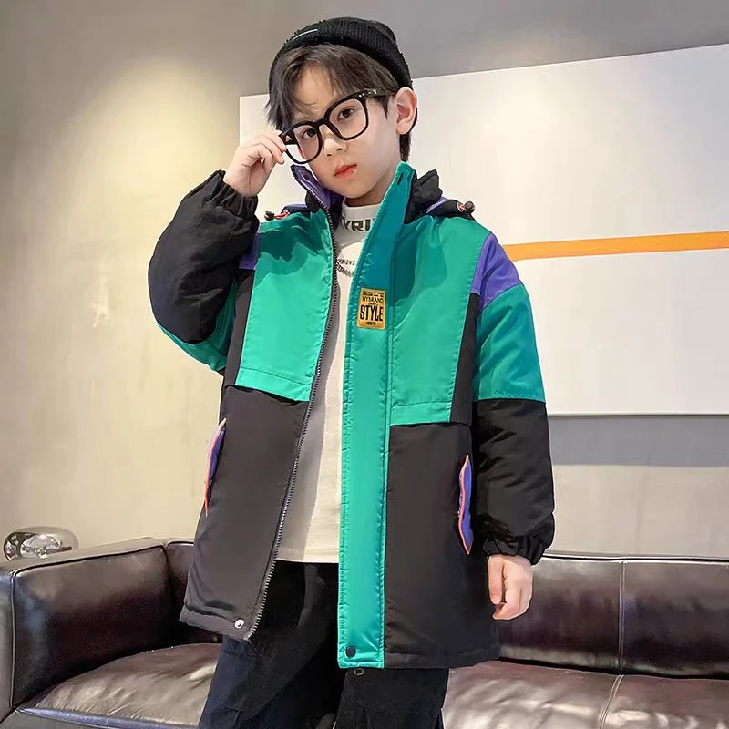 501917童装男童中长款棉服2024冬仿兔毛加棉加厚连帽棉衣宝宝外套