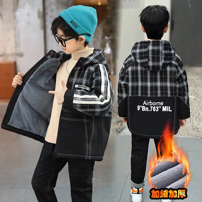 501697童装男童棉服2024冬款儿童加绒加厚连帽棉衣宝宝潮酷厚外套