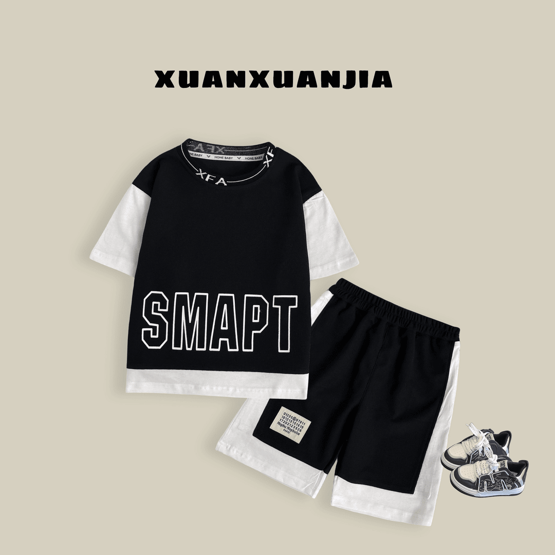 Q2086 童装男童时尚撞色短袖套装2024夏儿童珠地棉短袖中裤两件套
