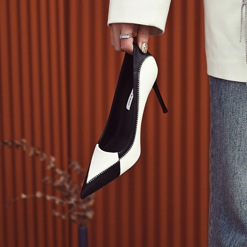 新款小众高跟鞋女韩版细跟时尚宴会鞋2022年春季新款尖头浅口拼色