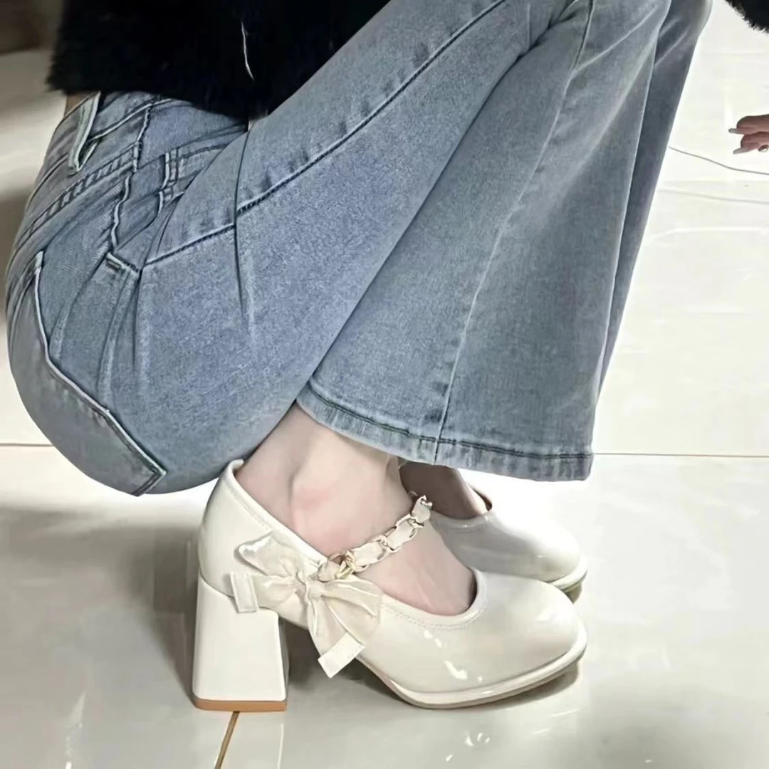 新款2023年春夏新款玛丽珍粗跟高跟鞋蝴蝶结漆皮浅口法式仙女风高