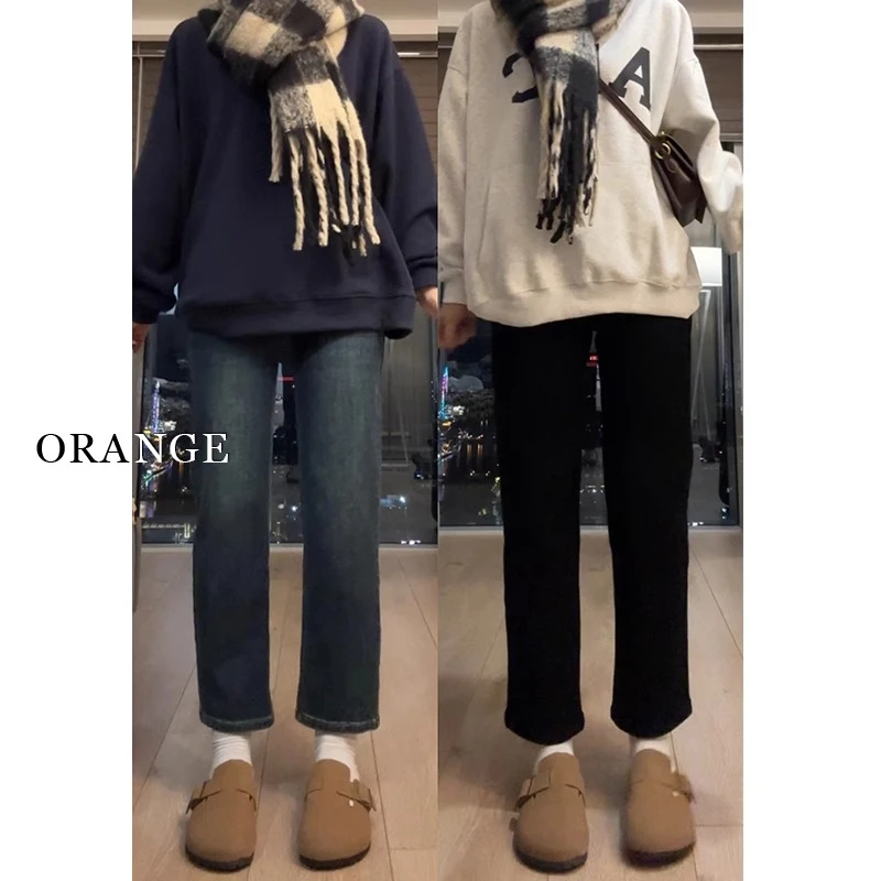 复古直筒牛仔裤女秋冬加绒大码梨形身材胖mm高腰显瘦遮肉烟管裤子