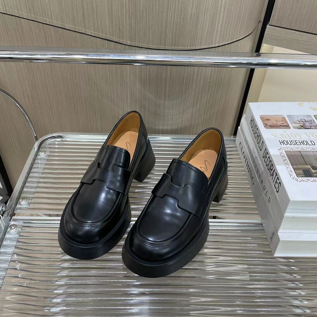 2024春季新款英伦风真皮粗跟厚底增高百搭圆头乐福鞋女9879