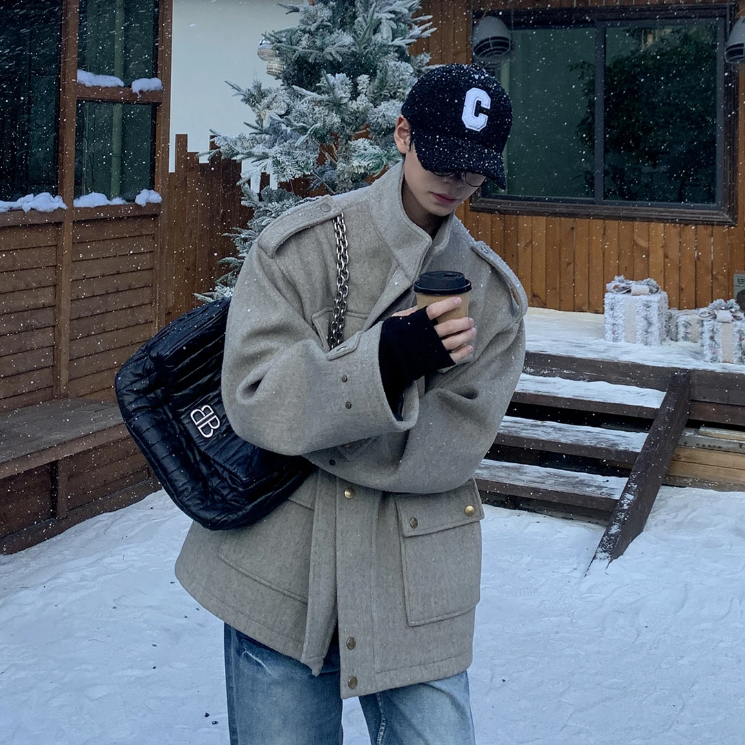 白口阳【拉斐尔轮船】立领大口袋保暖呢子夹克休闲宽松毛呢外套X336