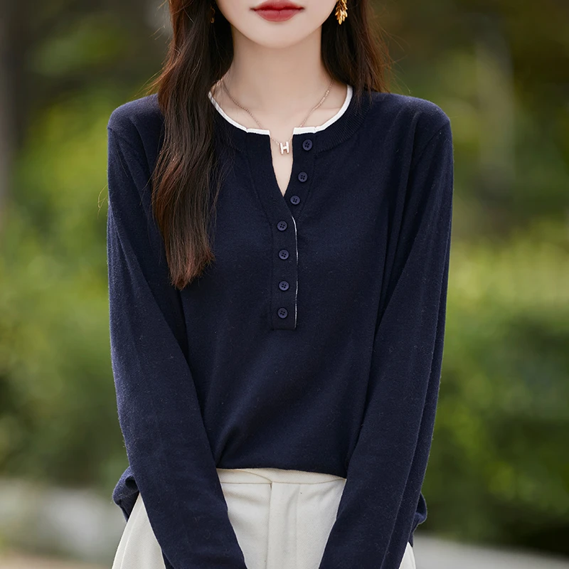 【品牌】早秋新款半开衫长袖撞色针织衫休闲显瘦时尚百搭薄款女上衣