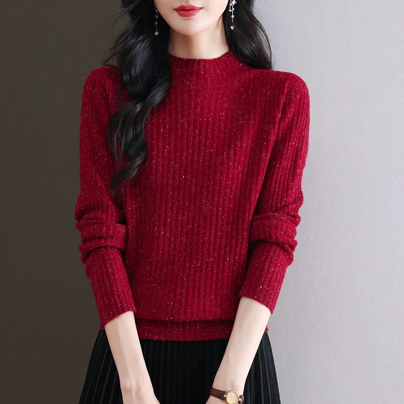 2024新款纯羊毛半高领点子纱亮丝长袖针织上衣女款秋冬内搭打底衫