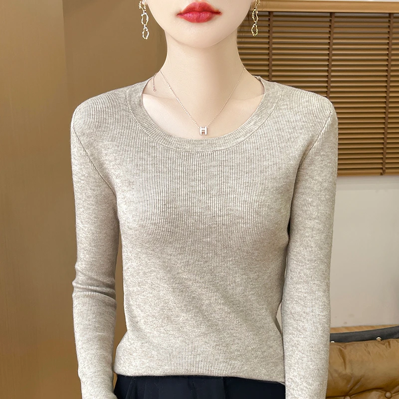 秋冬新款简约纯色圆领针织衫百搭修身女款软糯长袖内搭打底衫上衣