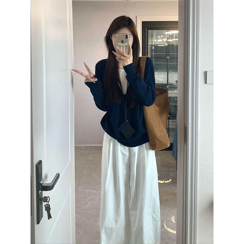 老钱风撞色假两件2024秋季新款百搭显瘦慵懒感毛衣针织衫