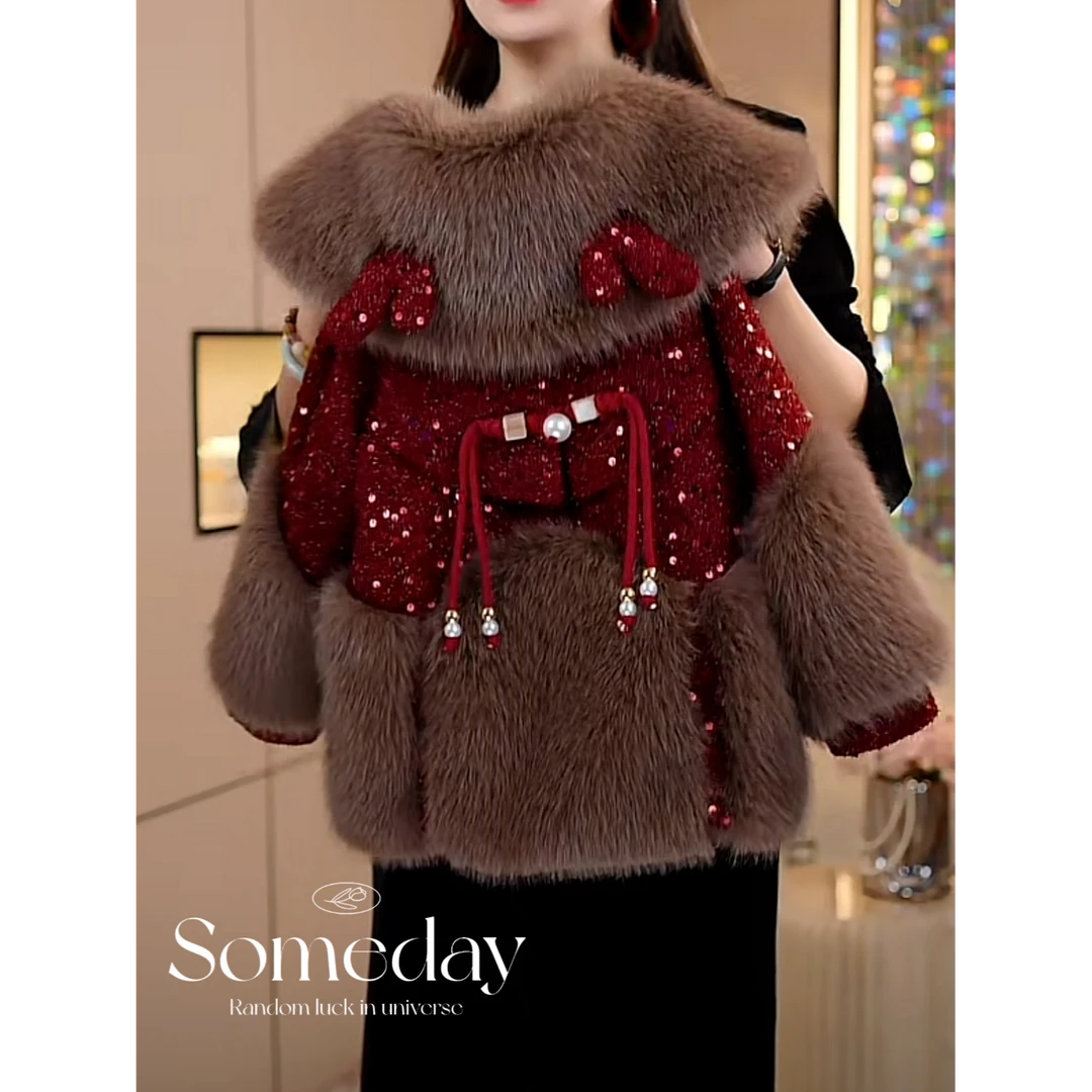 女童冬装2024新款洋气加绒加厚中长款红色草草外套