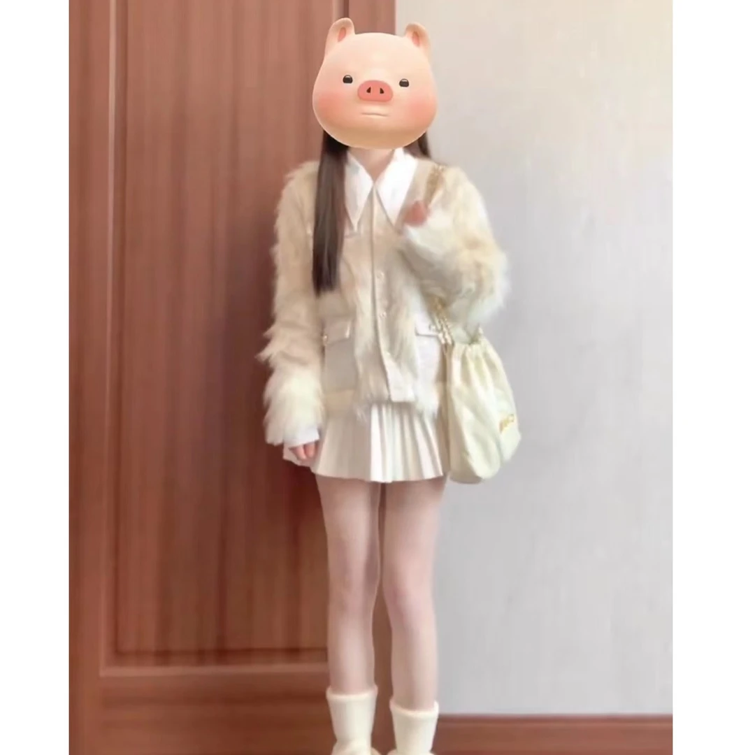 小香风纯欲拼接毛绒短款外套女秋冬叠穿长袖衬衫毛呢百褶裙三件套