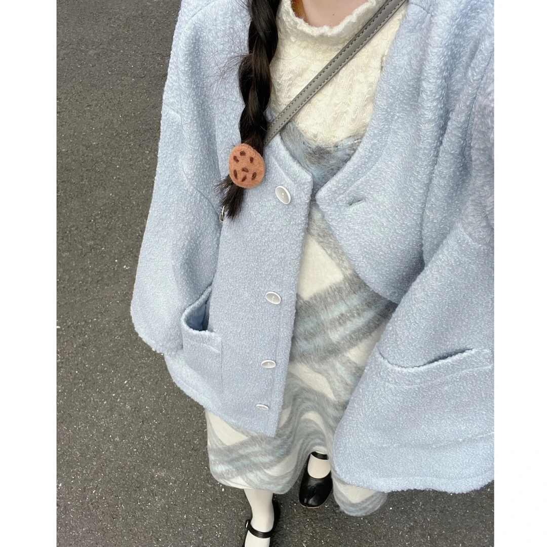 海盐芝士 法式复古秋冬针织上衣蓝白斜格纹毛呢背带连衣裙