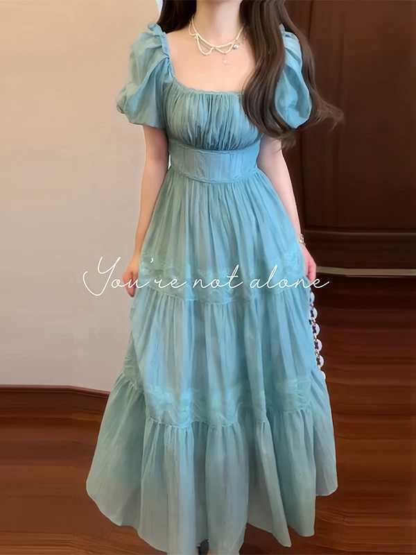 法式湖蓝色连衣裙子甜美风2024新款女夏季泡泡袖方领气质大摆长裙