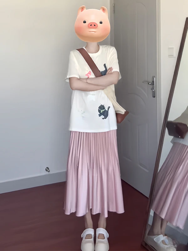 休闲减龄猫咪印花正肩短袖T恤女高腰A字显瘦褶皱灵动半身裙两件套