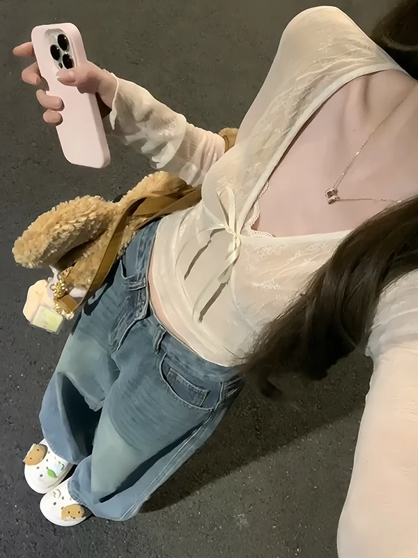 设计感蕾丝拼接辣妹蝴蝶结薄款长袖短款上衣女高腰牛仔长裤两件套