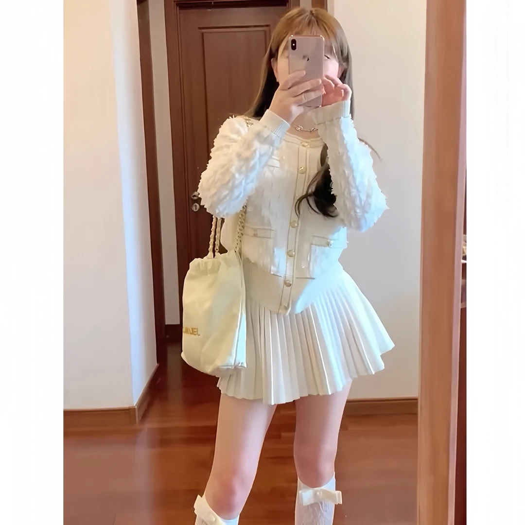 小香风名媛气质高级感秋冬新款针织开衫外套高腰毛呢百褶裙两件套