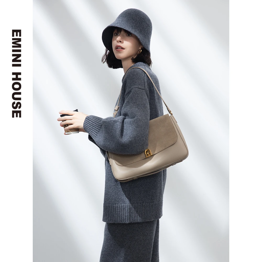 伊米妮女包新款时尚潮流头层牛皮反绒大容量腋下包牛皮托特包