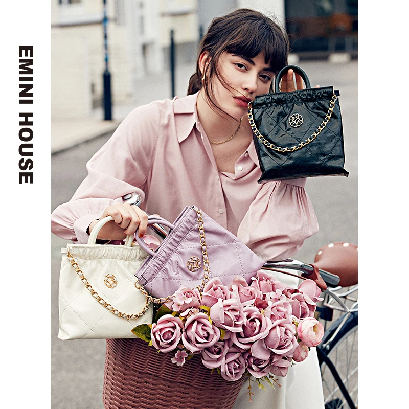 伊米妮女包时尚菱格褶皱包斜挎包油蜡牛皮名媛单肩腋下斜跨肩包包