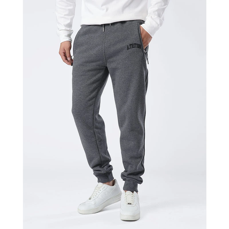 秋冬加绒加厚运动裤男重磅卫裤保暖宽松休闲裤刺绣拉链口袋束脚裤