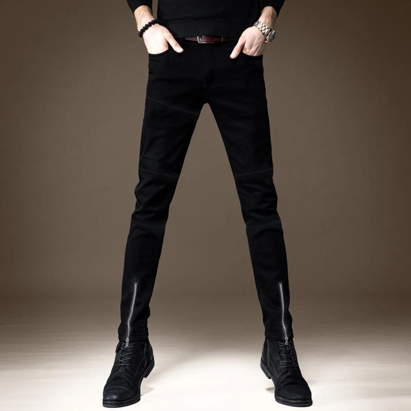 原创裤脚拉链牛仔裤男黑色修身小脚秋季新款拼接弹力休闲长裤子男