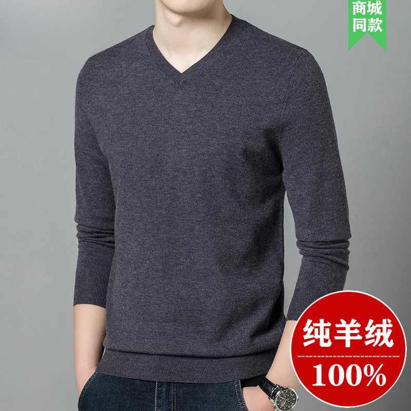 100%纯羊绒衫男士V领纯色薄款轻奢保暖中青年针织羊毛毛衣打底衫