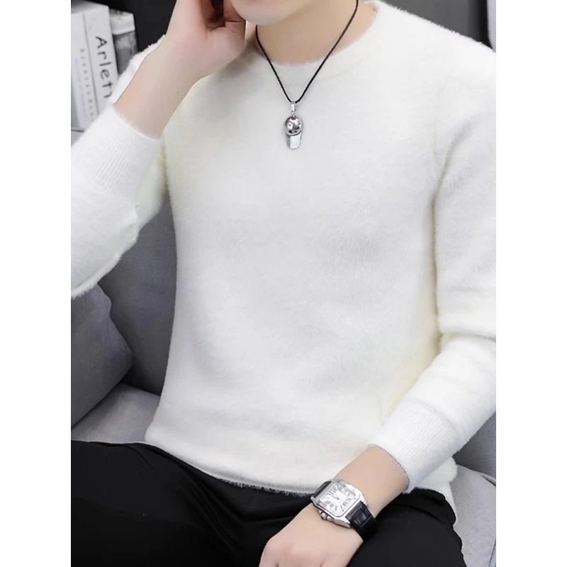 男士毛衣秋冬季加绒加厚水貂绒针织衫潮牌低领内搭毛绒打底衫线衣