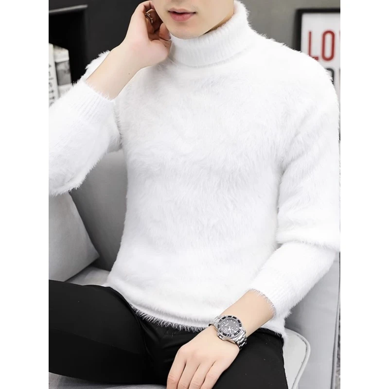 高领毛衣男士秋冬季加绒加厚海马毛针织衫潮牌白色毛绒内搭打底衫