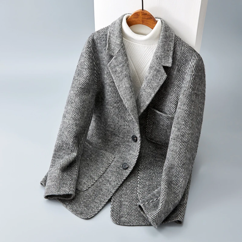 秋冬季人字纹双面羊毛呢子大外套男士短款西服男装风衣羊驼绒大衣