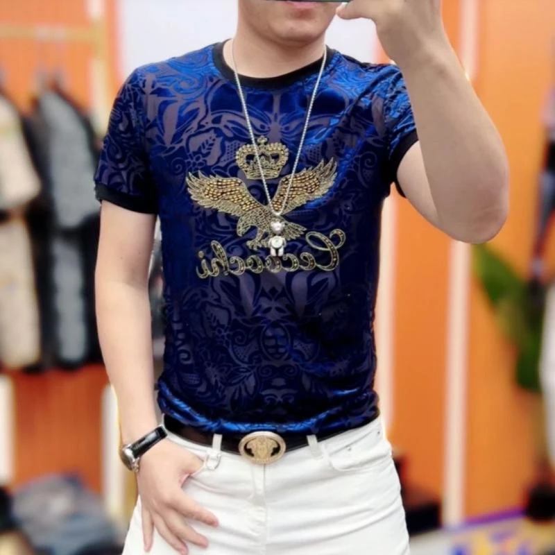 欧洲站2025夏季新款男士冰丝珠片提花韩版短袖T恤修身时尚潮男装