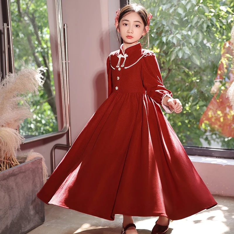 儿童生日礼服红色气质冬季女童钢琴公主裙元旦主持人礼服冬连衣裙