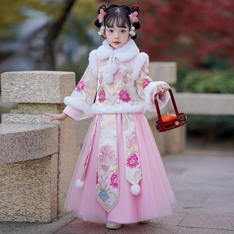 汉服女童古风连衣裙新年裙子小女孩中国风冬款拜年服套装加厚唐装